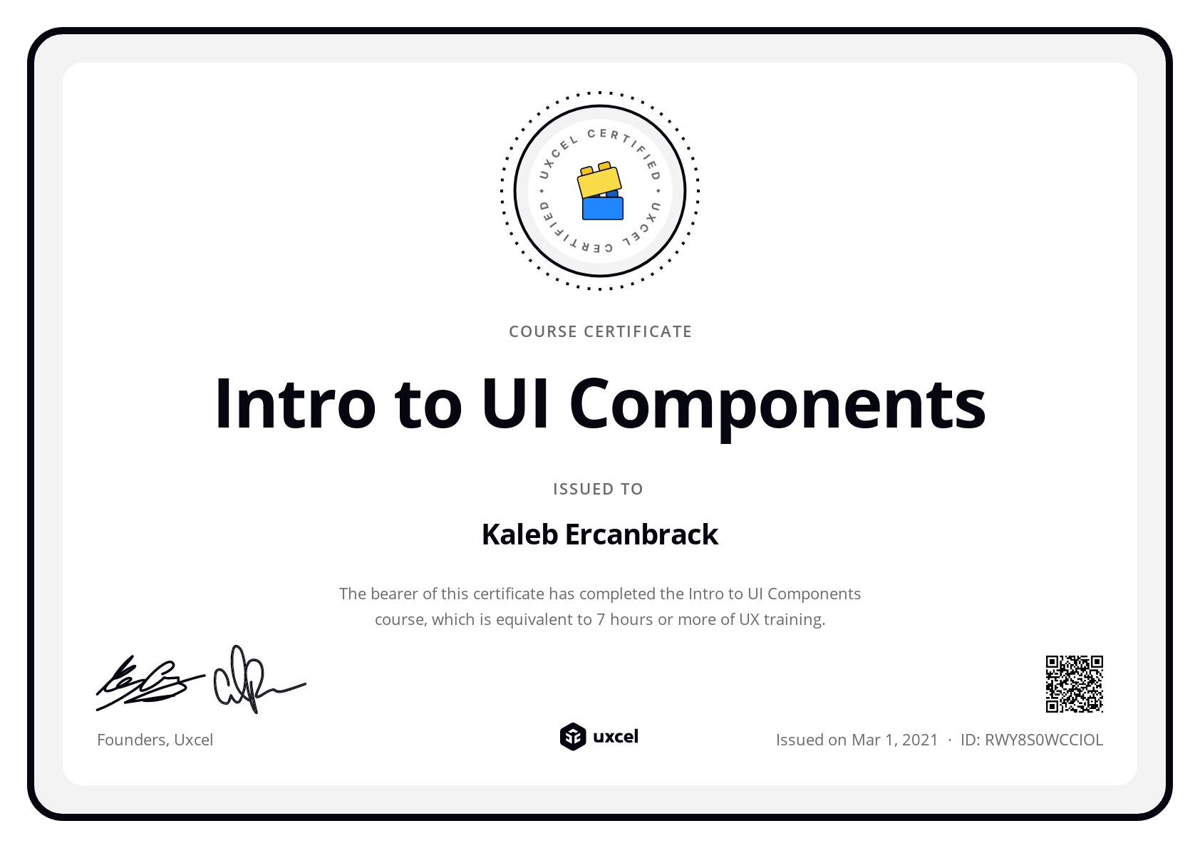 Kaleb Ercanbrack's certificate